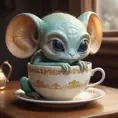 A sleepy alien with big, droopy ears curled up inside a cup of tea, cozy, warm colors, storybook illustration