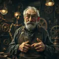 A grizzled old inventor in a dimly lit workshop, surrounded by gears, cogs, and strange contraptions. He wears a monocle and a leather apron, his hands stained with oil and grime. A mischievous glint in his eye, a half-finished automaton in the background. Steampunk, sepia tones, Rembrandt lighting.