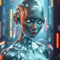 An ethereal android with luminous silver skin, geometric patterns of light pulsing beneath her surface, her eyes glowing with artificial intelligence, set against a backdrop of a futuristic neon cityscape, cyberpunk art, hyperrealistic