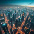 Aerial view of a sprawling cyberpunk city at night, glowing grid patterns of streets and buildings, flying vehicles weaving through the cityscape, holographic projections illuminating the sky, a sense of scale and technological advancement, futuristic architecture, 8k resolution