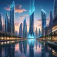 A futuristic cityscape at dusk, with sleek, bioluminescent skyscrapers towering over crystalline waterways. Flying autonomous vehicles zip between buildings, leaving trails of light. Reflecting the vibrant sky above, holographic advertisements shimmer on building facades.