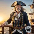 A weathered pirate captain with a gleaming gold tooth, eyepatch, and tricorn hat, standing on the deck of his ship at sunset, rendered in a hyperrealistic style