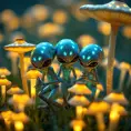 A group of bioluminescent baby aliens playing hide and seek in a field of glowing mushrooms, whimsical, dreamlike, soft focus