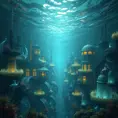 A hauntingly beautiful underwater city, sunlight filtering through the rippling surface above, bioluminescent flora and fauna illuminating the art deco architecture, the faint hum of unseen machinery echoing through the water, ethereal and eerie