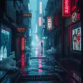 Deserted alleyway in a dystopian cyberpunk city, rain slick streets reflecting neon signs, steam rising from grates, flickering holographic advertisements, a lone figure silhouetted in the distance, a sense of loneliness and urban decay, cyberpunk art, dark and atmospheric