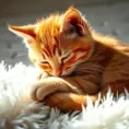 A sleepy orange tabby kitten curled up in a warm sunbeam on a fluffy rug, hyperrealistic, 8k, award-winning photography