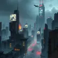 A colossal, rain-slicked metropolis shrouded in perpetual twilight, crumbling brutalist architecture pierced by towering holographic advertisements, flying vehicles weaving between decaying skyscrapers, cyberpunk style