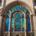 An intricate Art Nouveau cathedral facade, adorned with iridescent stained glass mosaics depicting celestial scenes, framed by organic lines of sculpted bronze vines and blossoms. Soft sunlight streams through, casting a kaleidoscope of colors within.