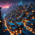 A sprawling shantytown built precariously on the edges of a towering, neon-drenched megacity, the chasm between rich and poor starkly illuminated by flickering streetlights and the glow of advanced technology, digital art