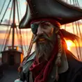 A weathered pirate captain with a gleaming gold tooth, eyepatch, and tricorn hat, standing on the deck of his ship at sunset, rendered in a hyperrealistic style