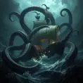 A kraken, tentacles wrapped around a pirate ship, dragging it into the depths of the ocean, dark fantasy, epic scene, dramatic lighting