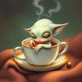 A sleepy alien with big, droopy ears curled up inside a cup of tea, cozy, warm colors, storybook illustration