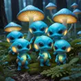 A group of bioluminescent baby aliens playing hide and seek in a field of glowing mushrooms, whimsical, dreamlike, soft focus