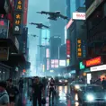 A cyberpunk street bustling with life, neon signs reflecting off puddles, flying vehicles zipping through towering skyscrapers, crowds of people with augmented limbs and holographic projections, a sense of gritty realism and vibrant chaos, trending on artstation, intricate details