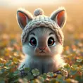 A fluffy baby bunny with big eyes, wearing a tiny knitted hat, sitting in a field of clovers, soft lighting, adorable, cute, pixar style