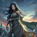 A stunning sorceress with emerald eyes, flowing raven hair interwoven with silver ornaments, clad in flowing silks that shift between the colors of a twilight sky, standing amidst a field of enchanted crystals, fantasy art