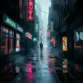 Deserted alleyway in a dystopian cyberpunk city, rain slick streets reflecting neon signs, steam rising from grates, flickering holographic advertisements, a lone figure silhouetted in the distance, a sense of loneliness and urban decay, cyberpunk art, dark and atmospheric