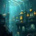 A hauntingly beautiful underwater city, sunlight filtering through the rippling surface above, bioluminescent flora and fauna illuminating the art deco architecture, the faint hum of unseen machinery echoing through the water, ethereal and eerie