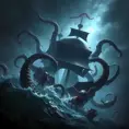 A kraken, tentacles wrapped around a pirate ship, dragging it into the depths of the ocean, dark fantasy, epic scene, dramatic lighting