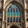 An intricate Art Nouveau cathedral facade, adorned with iridescent stained glass mosaics depicting celestial scenes, framed by organic lines of sculpted bronze vines and blossoms. Soft sunlight streams through, casting a kaleidoscope of colors within.