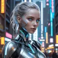 An ethereal android with luminous silver skin, geometric patterns of light pulsing beneath her surface, her eyes glowing with artificial intelligence, set against a backdrop of a futuristic neon cityscape, cyberpunk art, hyperrealistic