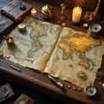 A treasure map spread out on a table lit by a single flickering candle, surrounded by pirate paraphernalia - cutlass, compass, spyglass, and gold coins, highly detailed, realistic