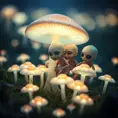 A group of bioluminescent baby aliens playing hide and seek in a field of glowing mushrooms, whimsical, dreamlike, soft focus