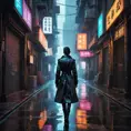 Deserted alleyway in a dystopian cyberpunk city, rain slick streets reflecting neon signs, steam rising from grates, flickering holographic advertisements, a lone figure silhouetted in the distance, a sense of loneliness and urban decay, cyberpunk art, dark and atmospheric