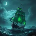 A ghost ship, sails tattered and glowing with eerie green light, sailing through a stormy sea under a crescent moon, digital art, fantasy, ominous