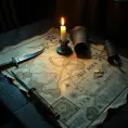 A treasure map spread out on a table lit by a single flickering candle, surrounded by pirate paraphernalia - cutlass, compass, spyglass, and gold coins, highly detailed, realistic