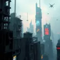 A colossal, rain-slicked metropolis shrouded in perpetual twilight, crumbling brutalist architecture pierced by towering holographic advertisements, flying vehicles weaving between decaying skyscrapers, cyberpunk style