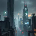 A colossal, rain-slicked metropolis shrouded in perpetual twilight, crumbling brutalist architecture pierced by towering holographic advertisements, flying vehicles weaving between decaying skyscrapers, cyberpunk style