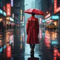 Cyberpunk street after the rain, reflections of neon lights on the wet pavement, puddles acting like mirrors to the city above, a lone figure walking away with a red umbrella, a sense of melancholy and beauty, cinematic composition, hyperrealistic