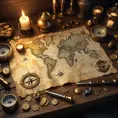 A treasure map spread out on a table lit by a single flickering candle, surrounded by pirate paraphernalia - cutlass, compass, spyglass, and gold coins, highly detailed, realistic