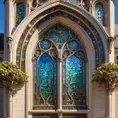 An intricate Art Nouveau cathedral facade, adorned with iridescent stained glass mosaics depicting celestial scenes, framed by organic lines of sculpted bronze vines and blossoms. Soft sunlight streams through, casting a kaleidoscope of colors within.