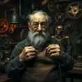 A grizzled old inventor in a dimly lit workshop, surrounded by gears, cogs, and strange contraptions. He wears a monocle and a leather apron, his hands stained with oil and grime. A mischievous glint in his eye, a half-finished automaton in the background. Steampunk, sepia tones, Rembrandt lighting.