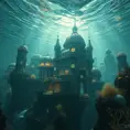 A hauntingly beautiful underwater city, sunlight filtering through the rippling surface above, bioluminescent flora and fauna illuminating the art deco architecture, the faint hum of unseen machinery echoing through the water, ethereal and eerie