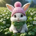 A fluffy baby bunny with big eyes, wearing a tiny knitted hat, sitting in a field of clovers, soft lighting, adorable, cute, pixar style