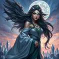 A stunning sorceress with emerald eyes, flowing raven hair interwoven with silver ornaments, clad in flowing silks that shift between the colors of a twilight sky, standing amidst a field of enchanted crystals, fantasy art