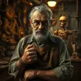 A grizzled old inventor in a dimly lit workshop, surrounded by gears, cogs, and strange contraptions. He wears a monocle and a leather apron, his hands stained with oil and grime. A mischievous glint in his eye, a half-finished automaton in the background. Steampunk, sepia tones, Rembrandt lighting.