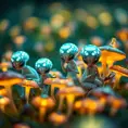 A group of bioluminescent baby aliens playing hide and seek in a field of glowing mushrooms, whimsical, dreamlike, soft focus