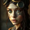 A portrait of a young woman with intricate clockwork gears embedded in her skin, her eyes glowing with a soft, ethereal light. She wears a leather aviator hat and goggles, her expression a mix of curiosity and determination. Steampunk aesthetic, highly detailed, vintage photography style.