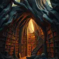 A solitary, ancient library carved into the heart of a giant sequoia tree, bathed in warm, golden light. Shelves overflow with ancient tomes bound in leather and illuminated manuscripts. A spiral staircase winds upwards, disappearing into the shadows of the treetop.