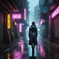 Deserted alleyway in a dystopian cyberpunk city, rain slick streets reflecting neon signs, steam rising from grates, flickering holographic advertisements, a lone figure silhouetted in the distance, a sense of loneliness and urban decay, cyberpunk art, dark and atmospheric