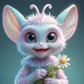 A fluffy, pastel-colored alien with oversized eyes and tiny antennae, giggling and holding a glowing flower, anime style, soft lighting