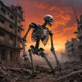 A desolate, dust-swept cityscape littered with the remnants of a forgotten war, rusted metal skeletons of buildings reaching towards a blood-red sky, biomechanical creatures scavenging amongst the debris, apocalyptic art