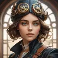 A portrait of a young woman with intricate clockwork gears embedded in her skin, her eyes glowing with a soft, ethereal light. She wears a leather aviator hat and goggles, her expression a mix of curiosity and determination. Steampunk aesthetic, highly detailed, vintage photography style.