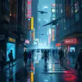 A cyberpunk street bustling with life, neon signs reflecting off puddles, flying vehicles zipping through towering skyscrapers, crowds of people with augmented limbs and holographic projections, a sense of gritty realism and vibrant chaos, trending on artstation, intricate details