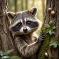 A mischievous raccoon wearing a tiny bandit mask, peeking out from behind a tree with a sparkling acorn in its paw, enchanting forest setting, soft focus