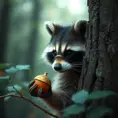 A mischievous raccoon wearing a tiny bandit mask, peeking out from behind a tree with a sparkling acorn in its paw, enchanting forest setting, soft focus